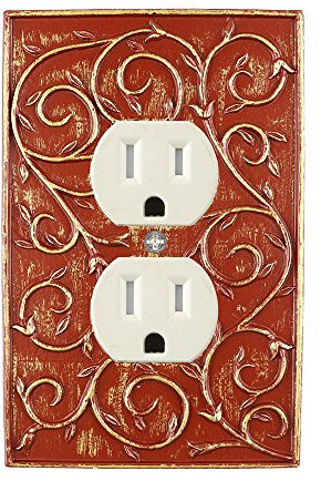 Meriville French Scroll Electrical Outlet Wall Plate Cover, Hand Painted Single Duplex receptacle outlet cover, Parisian Red with Gold