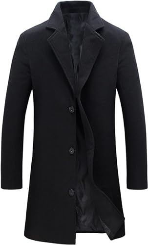 Springrain Men's Notched Lapel Single Breasted Long Pea Coat Trench Coat