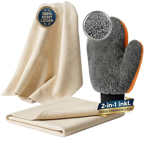 Premium Autoledertuch Echtleder | 2in1 Set inkl. Waschhandschuh Auto Reinigungsset mit Fensterleder echt Leder | Streifenfrei & Saugfähig | Autoleder für innen & außen | Auto Ledertuch Auto Zubehör