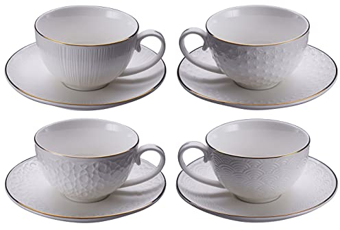 TOKYO design studio Tassen-Set mit Untertellern aus Keramik mit Goldkante in praktischer Box