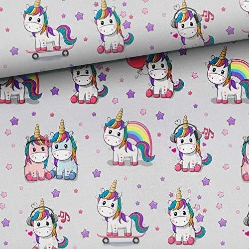 Meterware, Stoffe zum Nähen für Kinder, 100% Baumwolle: 0,5m Premium Baumwollstoff mit Einhorn Regenbogen Sterne Noten - pink rosa grau lila blau - Kinderstoff mit Tiere für Mädchen