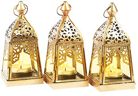 Orientalische Laternen 3 Set Laterne Basil klar | 3X Orientalisches Windlicht aus Metall & Glas | Marokkanische Glaslaterne für draußen als Gartenlaterne