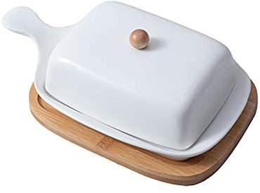 Butterdose Aus Keramik, Butterschale Mit Deckel Und Griff Porzellan Butterbehälter Mit Rutschfestes Holzchassis, Aufbewahrungsbox Für Lebensmittel Für Lebensmittel Porzellan Butterbox