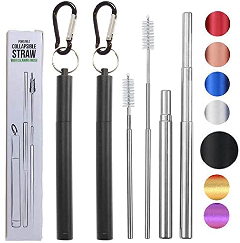 Hoshen Popote plegable reutilizable de tres secciones, pajita telescópica portátil, incluye cepillo y mosquetón pequeño (carcasa de aleación de aluminio), negro, 2 unidades