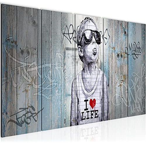 Runa Art Wandbild XXL Junge Loft Wohnzimmer 200 x 80 cm Blau 5 Teilig - Made in Germany - 039855a