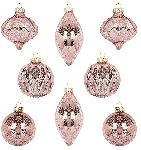 KI Store Mercury Glass Christmas Tree Ornaments Rose Gold Set of 8 80mm 120mm Hanging Christmas Baubles Finials for Xmas Tree Decoration Holiday Décor