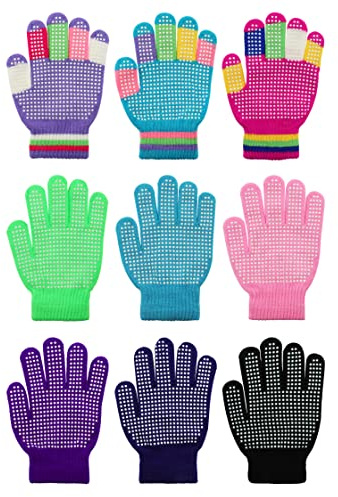 Whaline 9 Pairs Kids Anti-Skid Magic Gloves Winter Knitted Gloves Full Finger Grip Anti-Slip Children Glove for Boys Girls