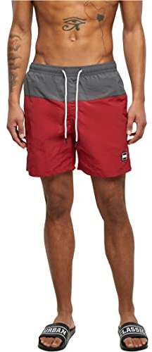 Urban Classics Herren Block Swim Shorts – Badeshorts mit Kordelzug & Taschen, schnelltrocknend, ideal für Strand, Pool & Urlaub,Brickred/Darkshadow,XXL