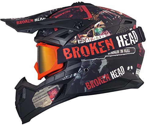 Broken Head Resolution Rot Quad- & Motocross-Helm - MX Cross-Helm Set mit MX-2 Goggle - Matt-schwarz & Rot - Größe M (57-58 cm)
