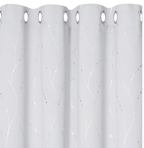BUHUA Blickdichte Gardinen Verdunklungsvorhänge, Lichtundurchlässig Vorhang mit Muster, Ösenvorhang Thermogardinen für Schlafzimmer, Grau Weiß 214x132cm(HxB), 2er Set
