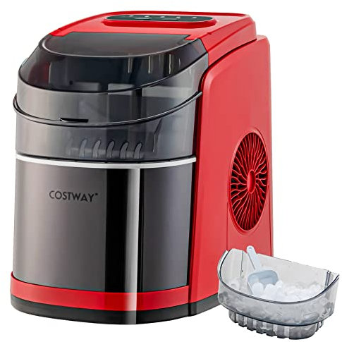 COSTWAY 12kg/24H Ice Cube Maker, Fully Open Design Countertop Ice Making Machine with Auto Clean Function, 2 Bullet Size, 2.2L Water Tank & Water-shortage for Home Office (Red)
