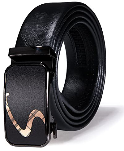 Barry.Wang Luxuriöser Herren-Gürtel, Business-Gürtel, goldfarbene Schnalle, Ratsche, Designer-Gürtel, Leder, Geschenkbox, Gürtel für Kleid, Jeans, Schwarze Buchstaben, Length 110cm-43,adjustable