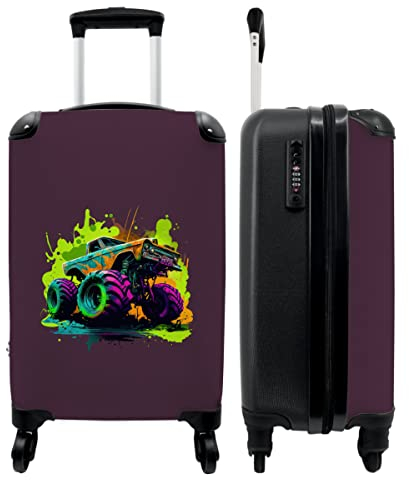 NoBoringSuitcases.com® Koffer Handgepäck Trolley Rollkoffer Kleine Reisekoffer mit 4 Rollen - Monstertruck - Grün - Neon - Auto - Design - 55x35x20cm - Fotokoffer - Kabinenkoffer - Boardgepäck