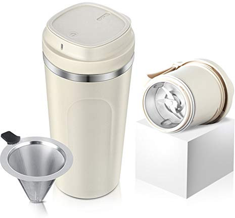 2-in-1 Electric Coffees Grinder, Portable Brewing Coffee Cup Filter Coffee Cup, USB Recharge Stainless Steel Coffee Maker, Travel Coffee Mug Brewing Coffee Cup for Car Office Outdoors