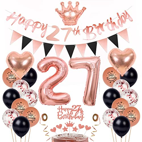 27 Geburtstag Deko Frau, Luftballon 27. Geburtstag Roségold Schwarz, Kuchen Topper 27. Geburtstagsdeko 27 Jahre Frau, 27 Deko Geburtstagsdeko mit 27. Tortendeko