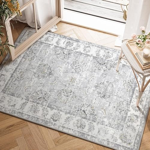 TOPICK Doormat Washable 60x90cm Grey Floral Entryway Rug Indoor Vintage Chenille Print Thin Small Rug Lightweight Non Slip Carpet for Kitchen Bathroom