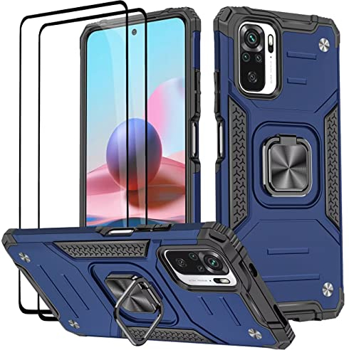 KANSi Funda para Xiaomi Poco M5S / Redmi Note 10S, Cristal Vidrio Templado [2 Piezas] Capa Anillo iman Soporte Hard PC y Silicona TPU Antigolpes Armor Carcasa - Azul
