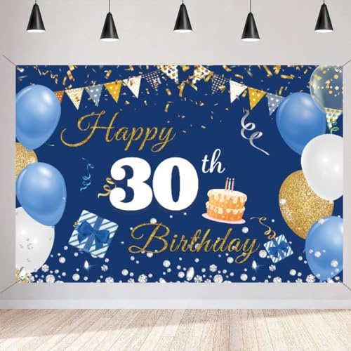 30 cumpleaños decoración para hombres/mujeres, pancarta de 30 cumpleaños azul, cartel de tela de 30 cumpleaños, cartel de 30 cumpleaños fondo pancarta hombre fiesta de cumpleaños decoración