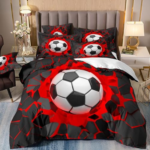 Freyamy Fußball Bettwäsche 135x200cm 2teilig Schwarz Rot 3D Fussball Jungen Teenager Sport Kinderbettwäsche Jungs Kinder Bettwäsche Microfaser Bettbezug mit Reißverschluss und Kissenbezug 80x80cm
