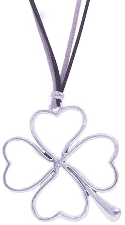 NILUXE DESIGN -Colgante Mujer Trébol de 4 Hojas de Zamak - Collar Largo Trébol Grande Plata o Dorado- Flor Amuleto de la Suerte Cadena Antelina Ajustable - Colgante Grande - Estilo Boho(Plateado)