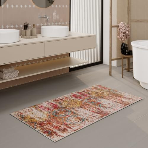 Badezimmerteppich von WECONhome waschbar und rutschfest im Vintage-Stil für EIN modernes, stilvolles Bad – Beach Front (55 x 65 cm, bunt)