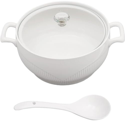 ZGFOZJGC Soupière en Céramique Soupière Ronde en Porcelaine avec Couvercle en Verre Et Cuillère Bol De Service Blanc Soupière Couverte À Double Oreille pour La Cuisine Et Le Restaurant