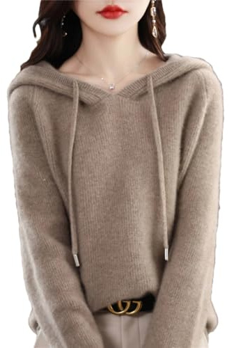 Wvapzxx Damen-Pullover aus Merinowolle, 100 % Wolle, für Herbst und Winter, einfarbig, Kaschmir-Strickpullover mit Kapuze