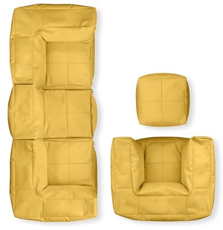 Lumaland Sitzsack-Lounge Modular Garnitur | 5-Teiliges Set | Indoor & Outdoor Sitz-Garnitur | Erweiterbar & Waschbare Sitzmöbel für Innenräume & Garten | Wasserfeste Chill-Out Lounge [Senfgelb]