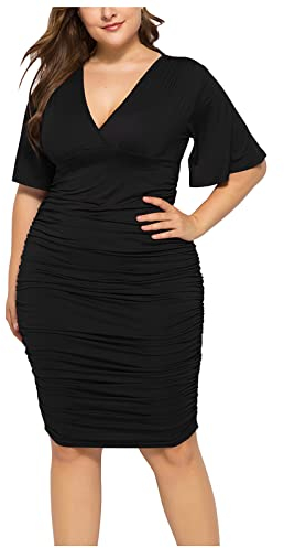 Vestito da Cerimonia Taglia Forte Linea ad A Scollo a V Appliques Plissettato Donna Taglie Forti Abito con Paillettes da Sera Elegante Stile Impero Maniche 3/4