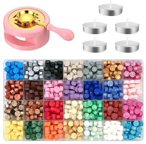 Waltool 847Pcs 28 Colors Wax Sealing Beads Kit with Wax Warmer and Spoon, Candles for Invitation Cards Crafts Decoration Gifts