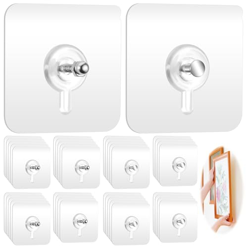 Yimomoyi 40Pcs Adhesive Picture Hooks No Nails, Self Adhesive Picture Hook, Transparent Self Adhesive Sticky Hooks for Hanging Pictures, Frames and Wall décor, Max 5kg