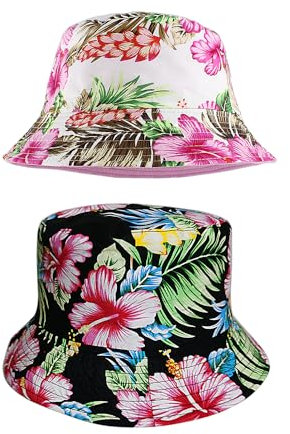 DHSBGWSX Lot de 2 chapeaux de soleil pour femme - Chapeaux de pêche pour femme - Chapeaux d'été double face - Chapeaux d'été pour femme - Chapeaux de fleurs en coton, rose, noir, taille unique