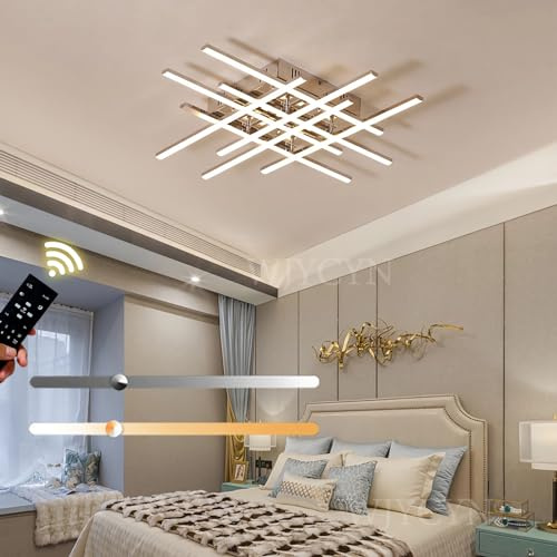 WJYCYN LED Linear Deckenleuchte Dimmbar Chrom Design Wohnzimmer Leuchten Unterputz Deckenlampe 3000-6000K Mit Fernsteuerung Schlafzimmer Esszimmer Pendelleuchte (Klein Ø70cm 55W)