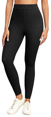 Famulily Schwarze Slim Fit Leggings für Frauen Rib Knit High Waist Stretch Tights Hosen (XL, Schwarz)
