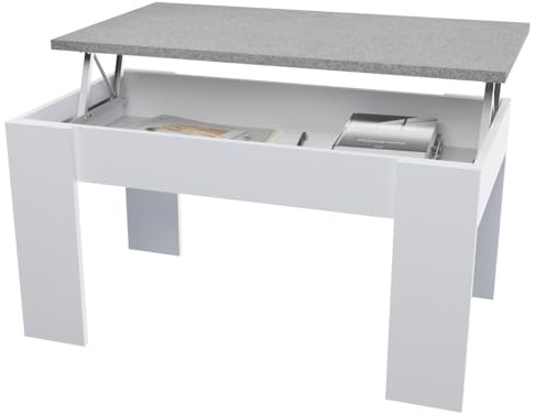 amuéblate online - Mesa de Centro Elevable, Mesita de Salón o Comedor, Acabado en Blanco con Tapa Gris Piedra, Medidas, 90 cm (Ancho) x 50 cm (Fondo) x 46, 57 cm (Alto)
