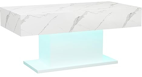 KEEPREAPER Couchtisch weiß marmor Optik Hochglanz, Wohnzimmertisch Sofatisch mit Led Beleuchtung modern für Wohnzimmer, 110 x 55 x 50 cm