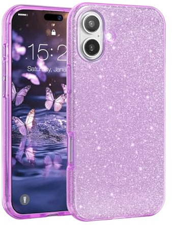 MATEPROX Compatible with iPhone 16 Case, Glitter Bling 3-Layer Shockproof Anti-Scratch Cover for Girl Women, Trendy Protective Case for iPhone 16 2024-Purple