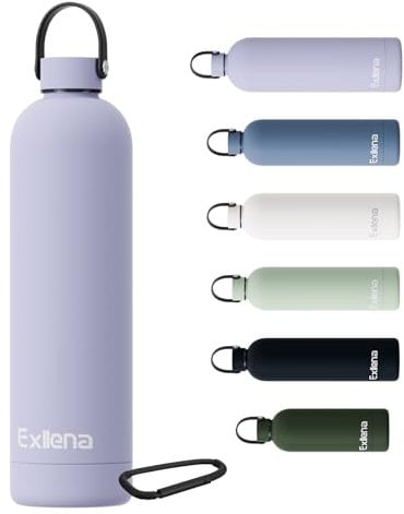 Exllena 1l Water Bottles Metal with Handle Lid and Carabiner, Double Wall Vacuum Drinks Bottle Keeps Drinks Cold 24 Hrs/Hot 12 Hrs, Stainless Steel Water Bottle BPA Free(Purple)