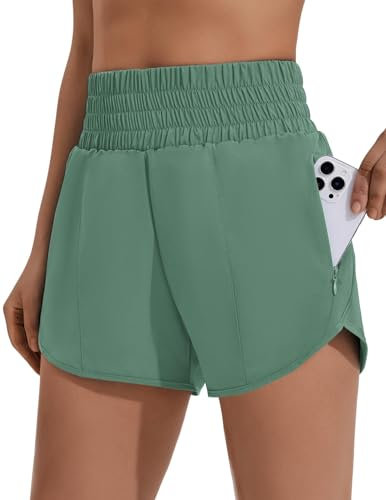 PINSPARK Damen Sport Shorts High Waist Laufshorts 2 in 1 Kurze Sporthose Laufen Yoga Fitness Jogging Trainingshose mit Reißverschlusstasche Graugrün S