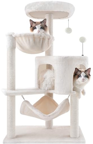 ROYPET 100cm Cat Tree with Sisal Scratching Posts for Indoor Cats,Cat Tower with Hammock and Hanging Ball Toy,Pet Furniture Activity Centre with Condo,Play Towers&Trees,Small Space,Beige