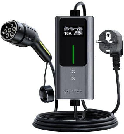 VDLPOWERVP Chargeur Voiture Electrique, 3.6KW EV Chargeur Type 2, Courant réglable 6/8/10/13/16A, 5M Cable Recharge Véhicule Electrique avec EU Schuko, Borne de Recharge Monophasé IP65 (3.68KW-5M)