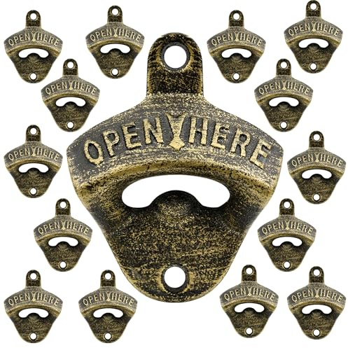 Luwanburg 15 PCS Vintage Wall Mounted Bottle Opener Cast Iron Beer Cap Opener Post Mounted Bulk Antique Bronze for Wooden DIY Cooler