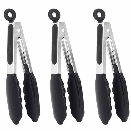 3PC Small Kitchen Tongs with Silicone Tips, 21.5cm Black Mini Tongs, Cooking Tongs Easy to Clean, Silicone Food Tongs for Kitchen Use