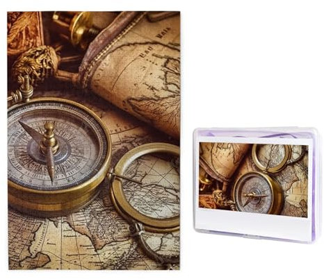 Jigsaw Puzzle 1000 Pieces Wooden Puzzle Compass and Old World Map Photo Puzzle Personalized Picture Puzzle for Adult Custom Puzzles Challenging Puzzles for Family Wedding Gift
