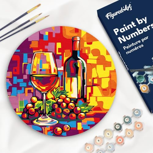 Figured'Art Malen nach Zahlen für Erwachsene auf einer Holzscheibe von 30 cm Durchmesser - Wein und Trauben - Paint by Numbers Basteln DIY Bastelset