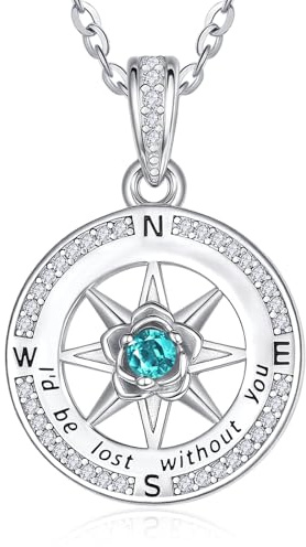 Zeuslia S925 Silber Kompass Halskette für Damen, Ohne Dich Wäre Ich Verloren Schmuck, Mama Geburtstag Graduierung Jahrestag Geschenk, Freundin Tochter Kette mit Geburtsstein Anhänger