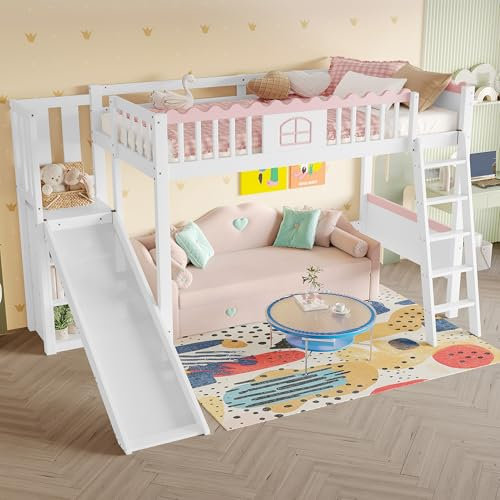 Merax Hochbett 90x200, Kinderbett für Mädchen, Jugendbett Mädchenbett mit Rutsche und Stauraum, LED-Bettgestell mit Lattenrost(ohne Matratze), Einzelbett aus Kiefernholz, EN747 Zertifiziert, Weiß