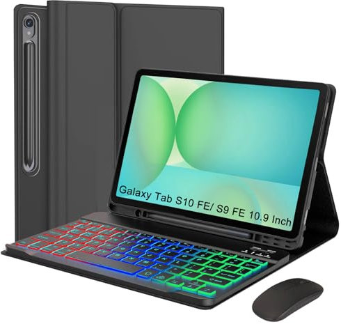 VLEAQC Keyboard Case for Samsung Galaxy Tab S10 FE 2025 /S9 FE 10.9 Inch/Galaxy Tab S9 11 Inch 2023, Mouse and Detachable Bluetooth Backlit Keyboard, Lightweight Folio Cover with Pen Holder (Black)