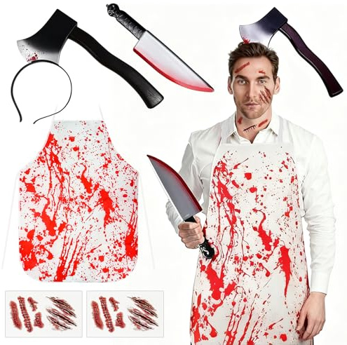 SUPRROW Halloween Costume for Men and Women, Scary, Halloween Butcher Costume, Knife with Blood, Headband Knife and 10 Halloween Tattoos, Bloody Apron