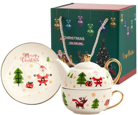 Christmas Tea for 1 Set Ceramic Teapot Cup Saucer Gingerbread Santa Claus Novelty Teapot Nordic British Style Milk Cups Red Tea Cup Coffee Pot Xmas Package in Presentation Box (Santa Claus)